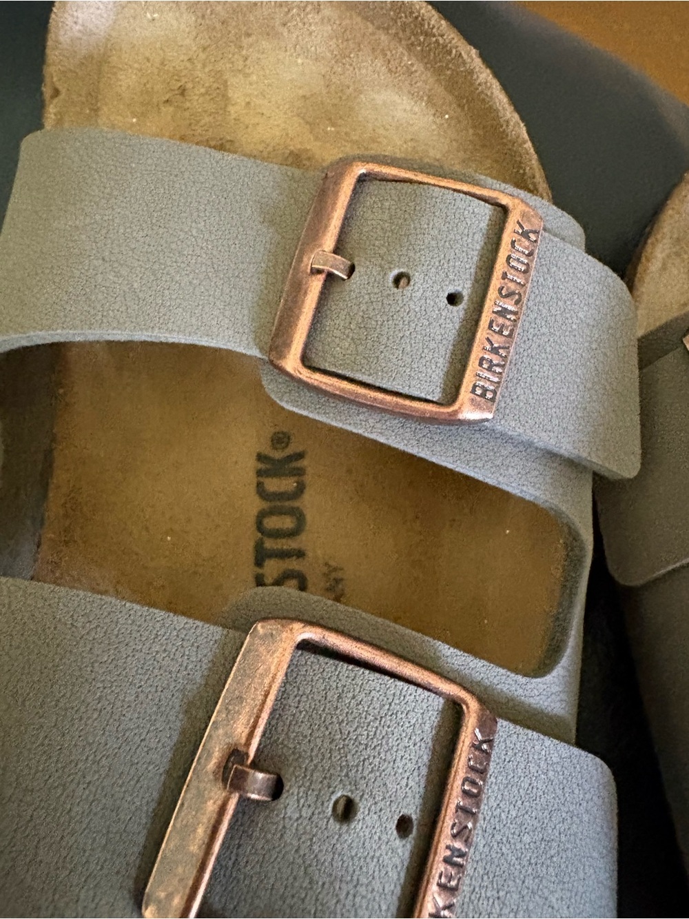 Birkenstock women’s  Two-Strap Sandal in Khaki green with Antiqued Copper Buckle